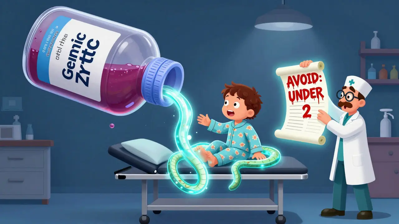 Toddler being wrapped by glowing snakes from a generic medicine bottle, with KIDs List warning visible.