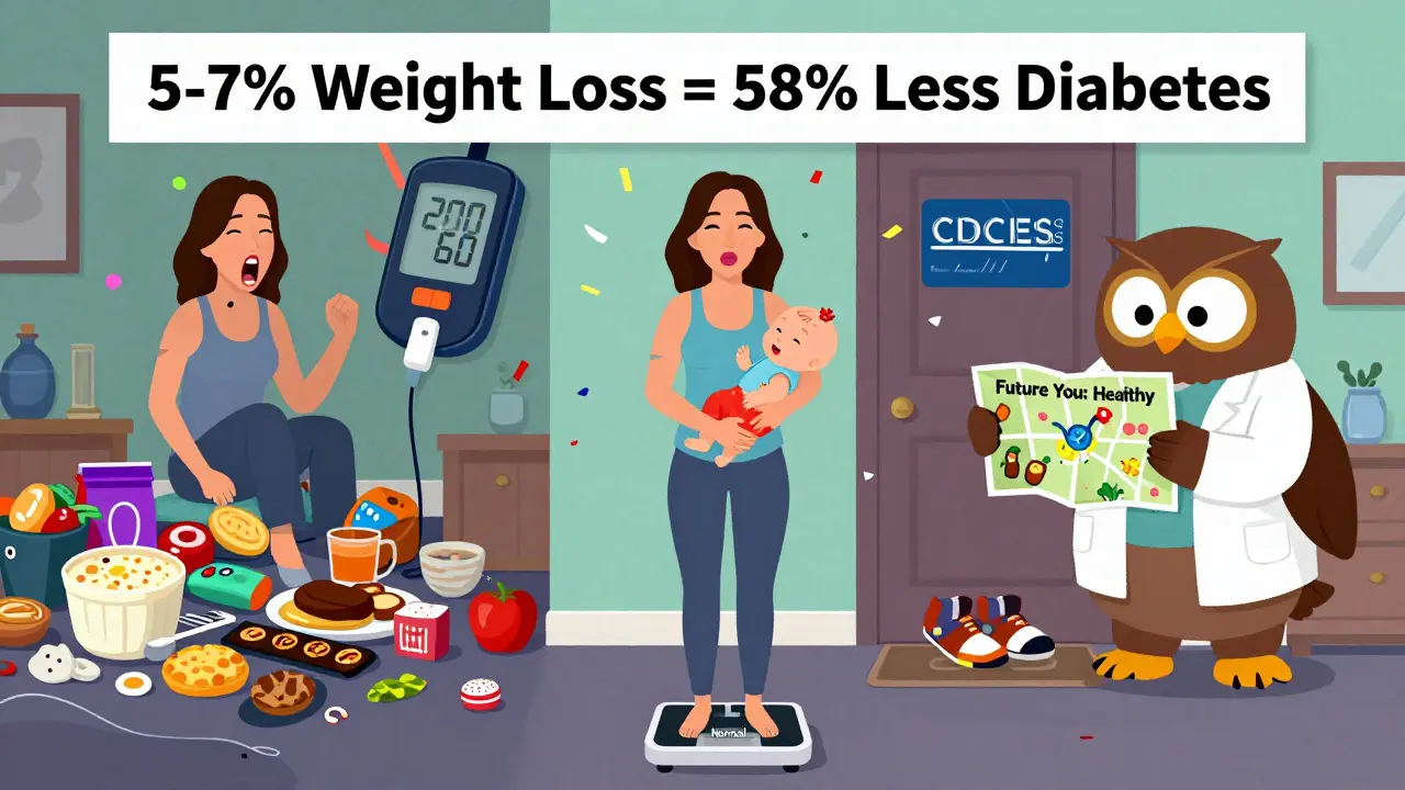 Woman holding baby on scale while past and future selves split-screen in surreal cartoon style