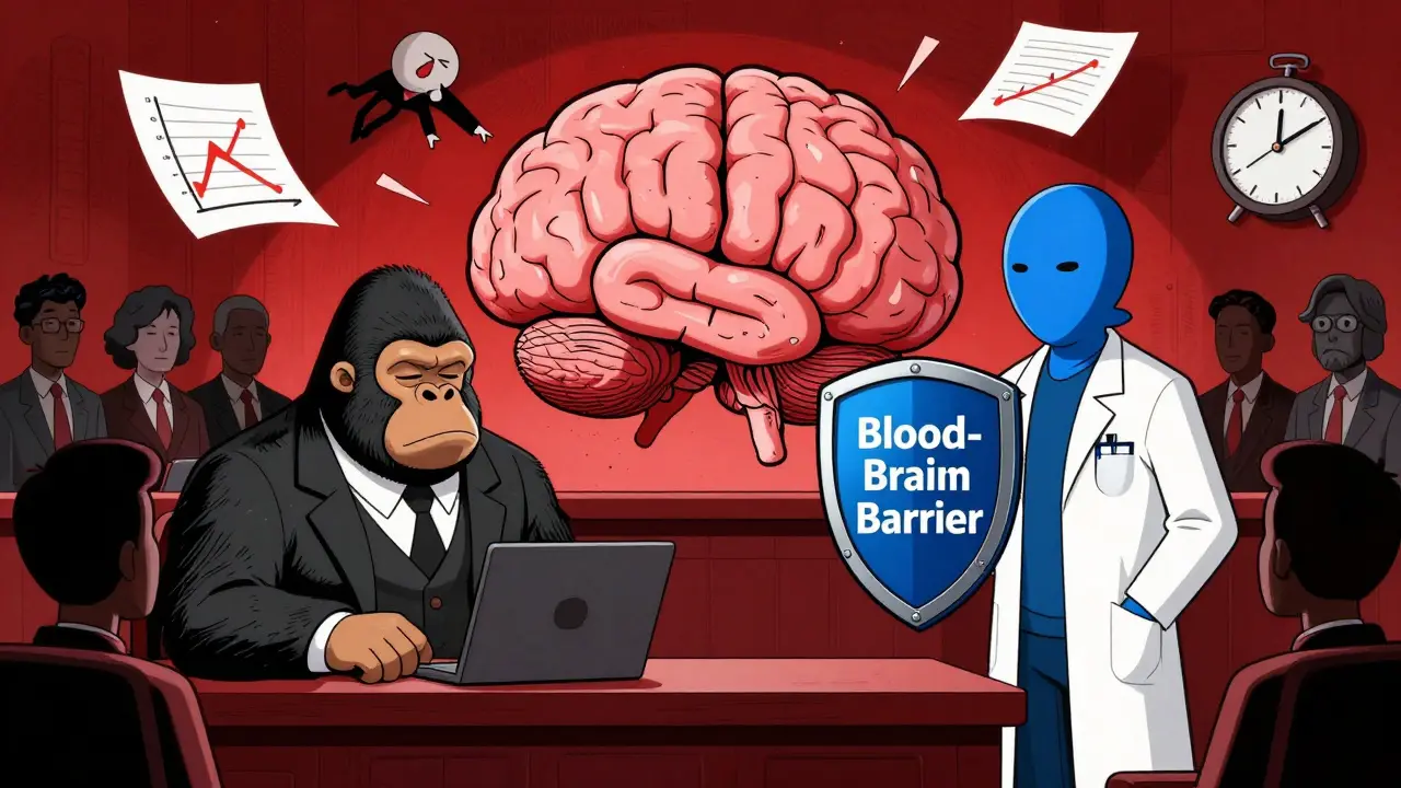 A courtroom inside a brain where antihistamines are on trial, with visual metaphors for drowsiness and cognitive risk.