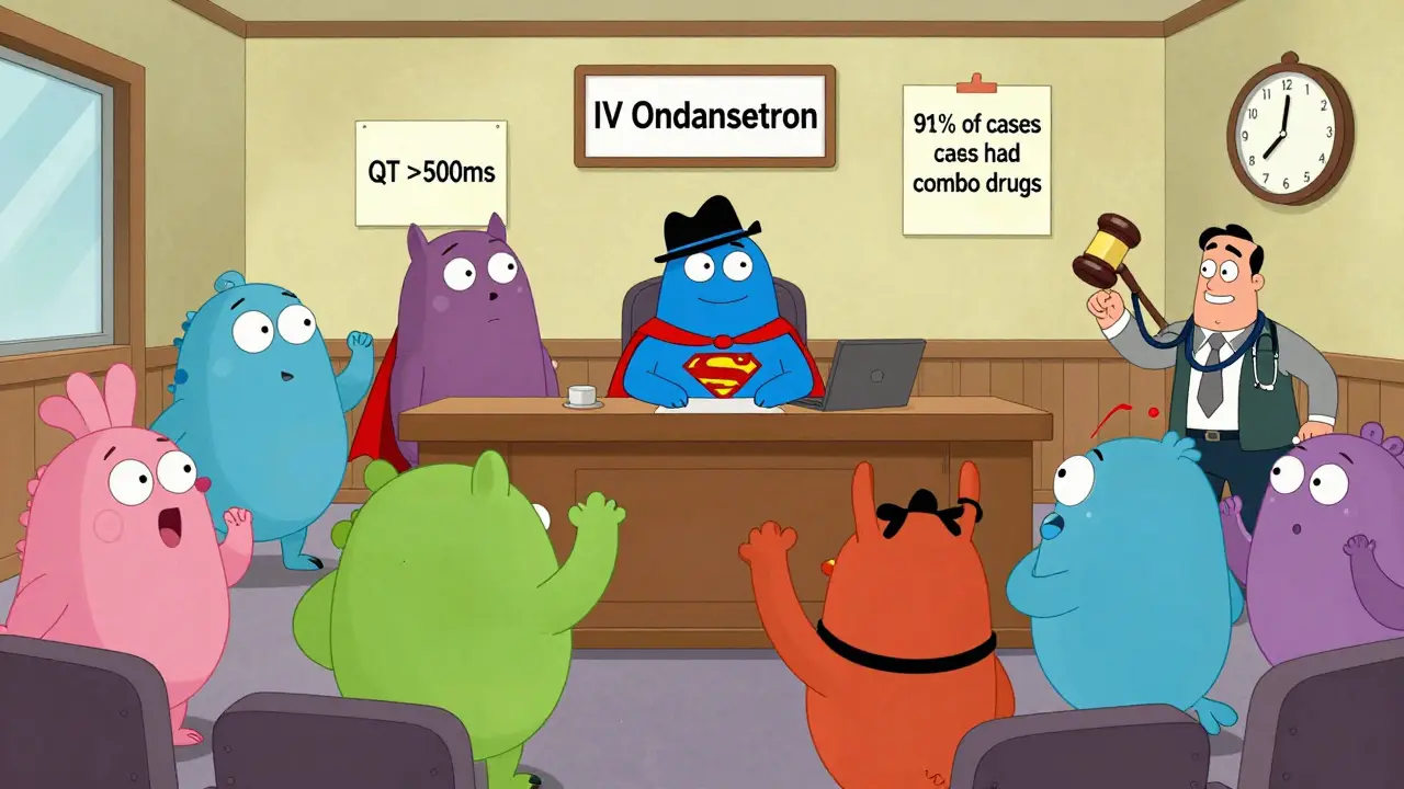 A courtroom scene where IV ondansetron is on trial, with palonosetron testifying as a hero among supportive pills.