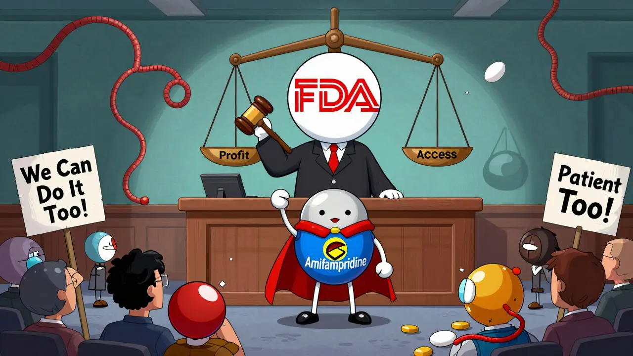 A drug superhero on trial against generic pills in a courtroom ruled by the FDA logo.