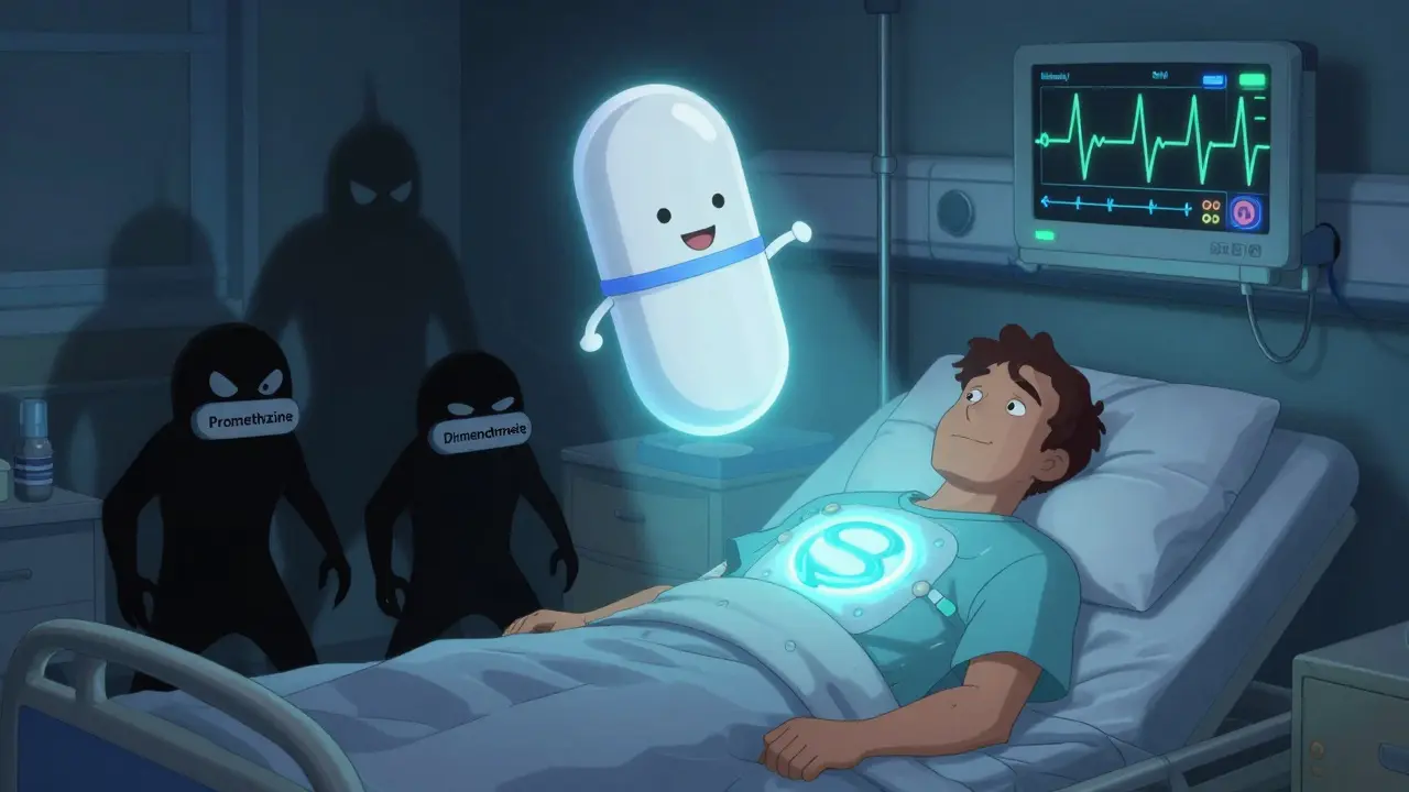 A glowing granisetron patch protects a patient while dangerous pills cower; palonosetron glows above like a guardian.