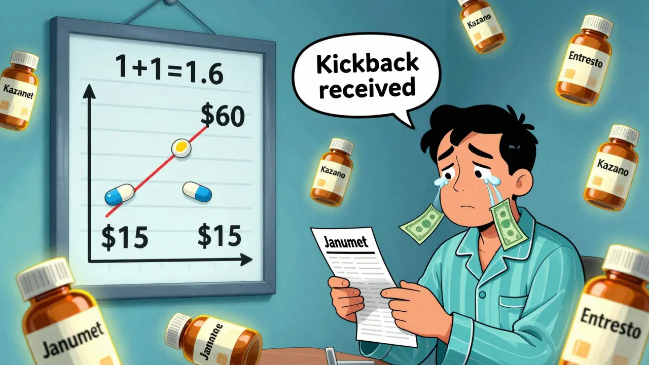 A medical chart shows combo pill costing 4x more than generics, a pharmacist shrugs as a patient cries cash, pill bottles float with absurd prices.