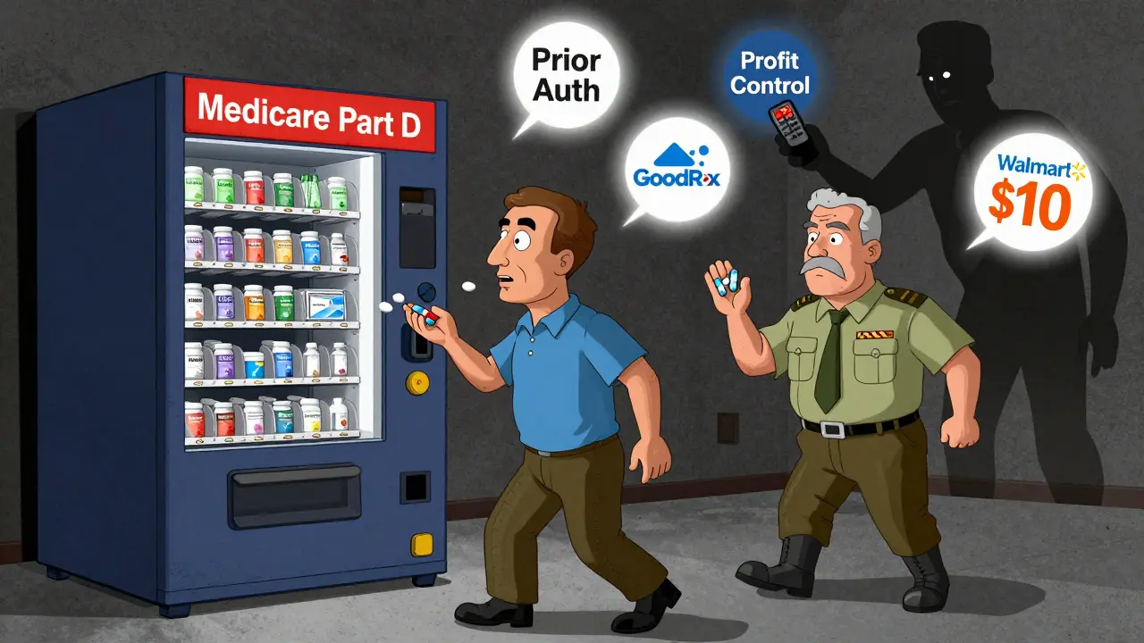 A patient gets a 0 pill from Medicare machine while a veteran gets two  generics, a shadowy executive controls profits with a remote.