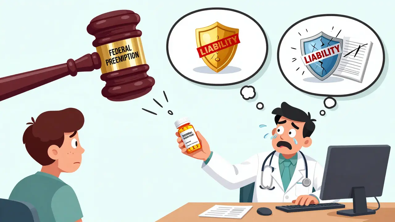 A pharmacist hands a generic pill bottle to a patient while legal gavels loom, and a doctor's thought bubbles show liability fears.