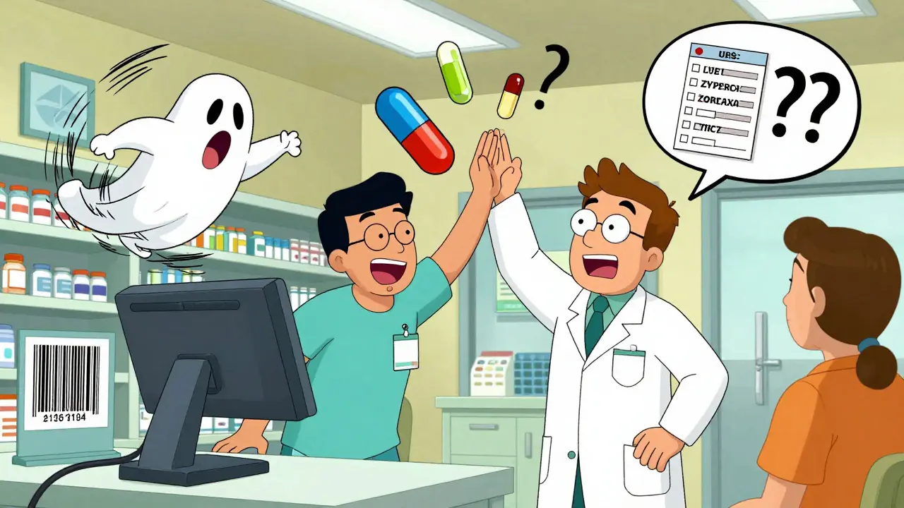 A pharmacy technician and pharmacist celebrate stopping a dangerous drug mix-up with a barcode scanner.