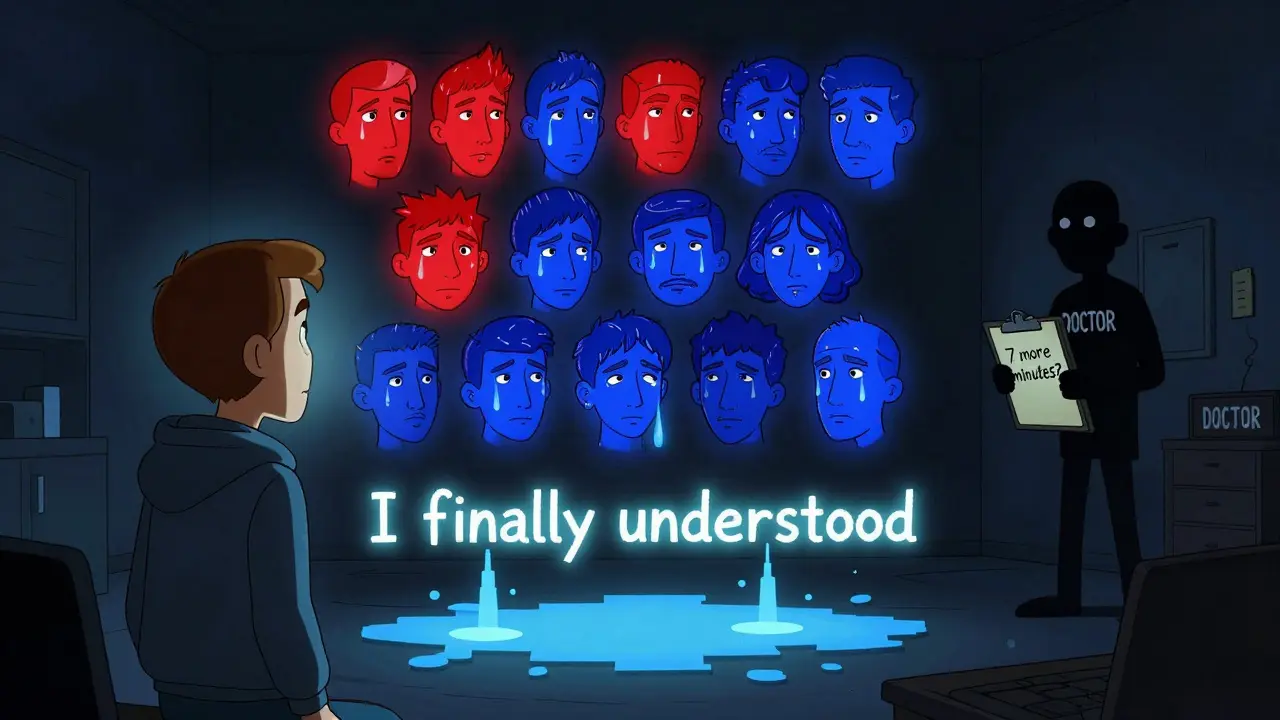 A veteran staring at a glowing icon array of faces showing bleeding risks, with emotional tears forming pixelated words.