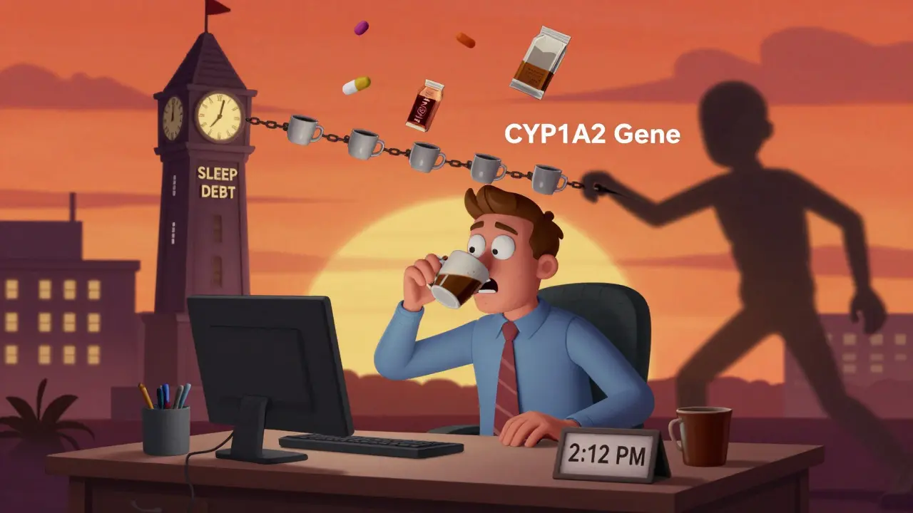 An office worker chugs coffee at 2:12 PM while a shadowy gene drags coffee cups into a clock tower, with energy drinks floating in a surreal background.