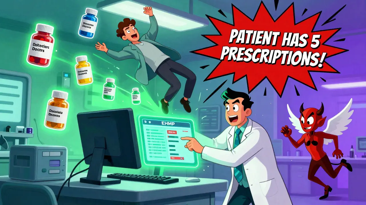 Doctor reacting to a giant PDMP alert as patient floats with multiple pill bottles around them.