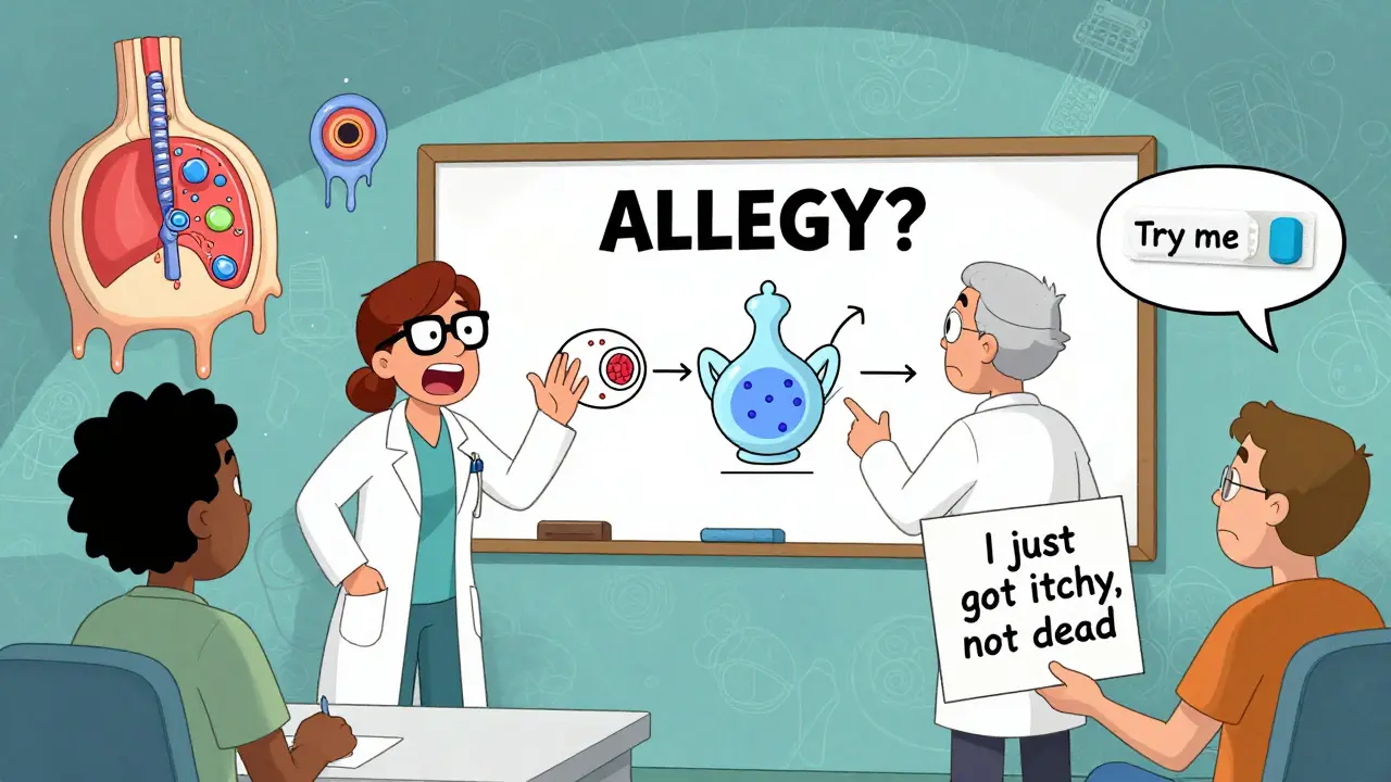 Doctors arguing over a whiteboard about opioid itching while a patient holds up a fentanyl patch sign.