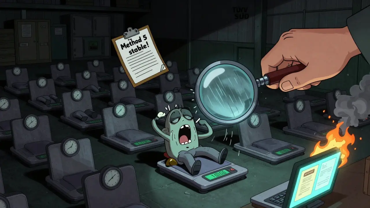 Dozens of sleeping digital scales in a warehouse, one waking up as a magnifying glass reveals microscopic drift lines.