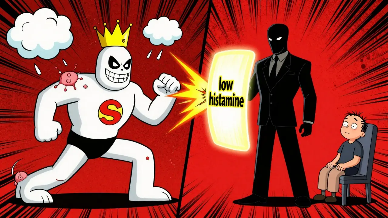 Morphine as a villainous figure battling fentanyl, a calm hero, in a cartoon medical showdown.