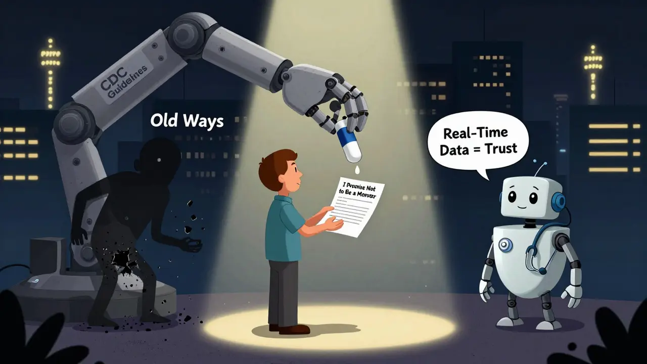 Patient receiving buprenorphine from a giant CDC arm while old and new medical systems contrast behind.