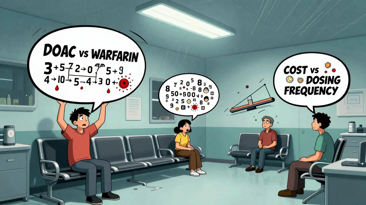 Patients in a clinic holding giant comic-style speech bubbles filled with swirling numbers and tiny faces representing medication trade-offs.