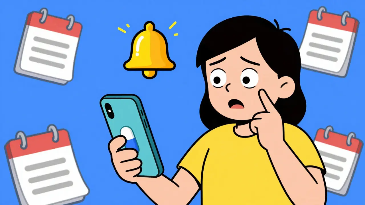 Person using smartphone app with pill character and bell reminder