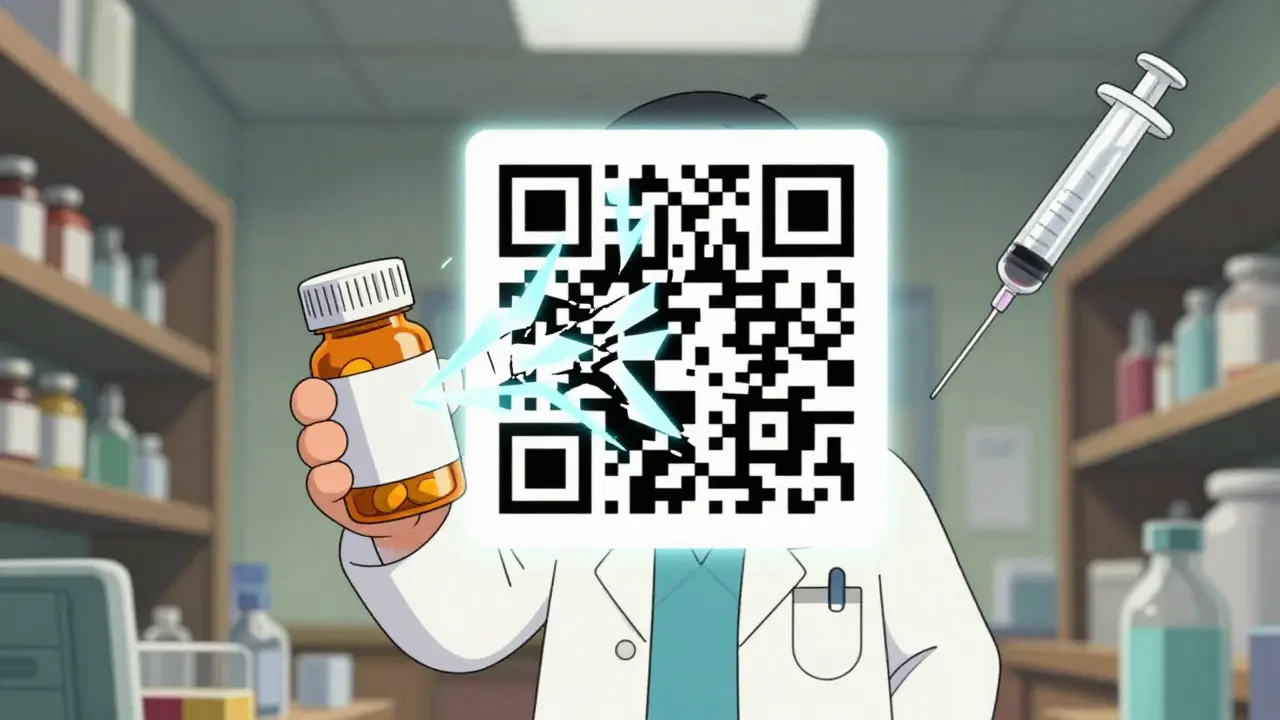 Pharmacist inspecting fake pill bottle hologram and QR code