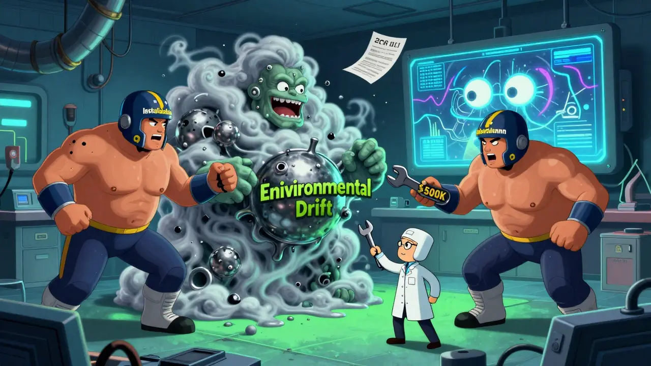 Three validation phases wrestle a humidity monster in a surreal lab, with a mutating AI algorithm floating nearby.