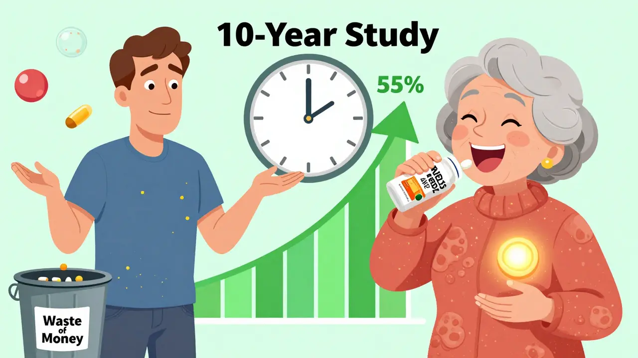 Two patients: one discarding AREDS2 pills, another taking them with a 55% progress bar in Adult Swim style.
