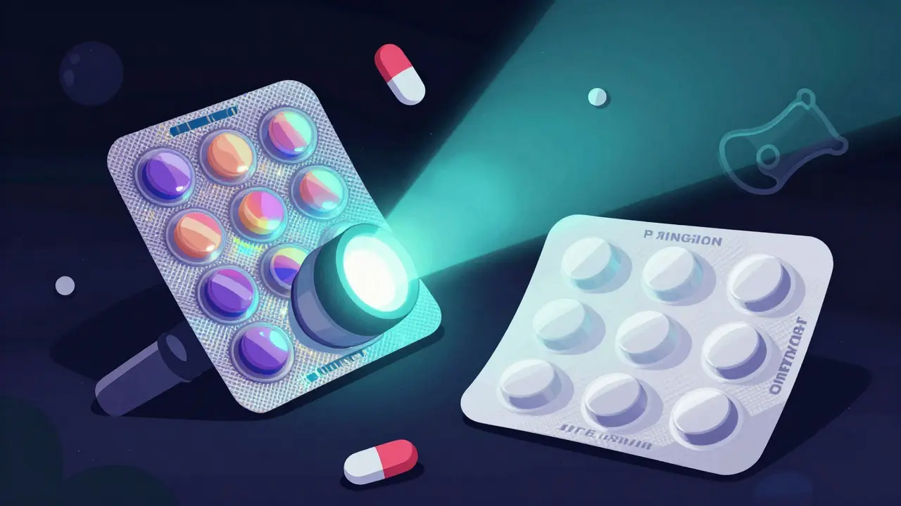 UV light revealing hidden security features on medication packaging