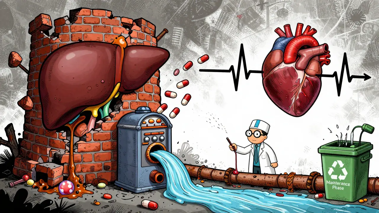 A crumbling liver tower oozing rust, with a pancreas and heart malfunctioning as blood is drawn.