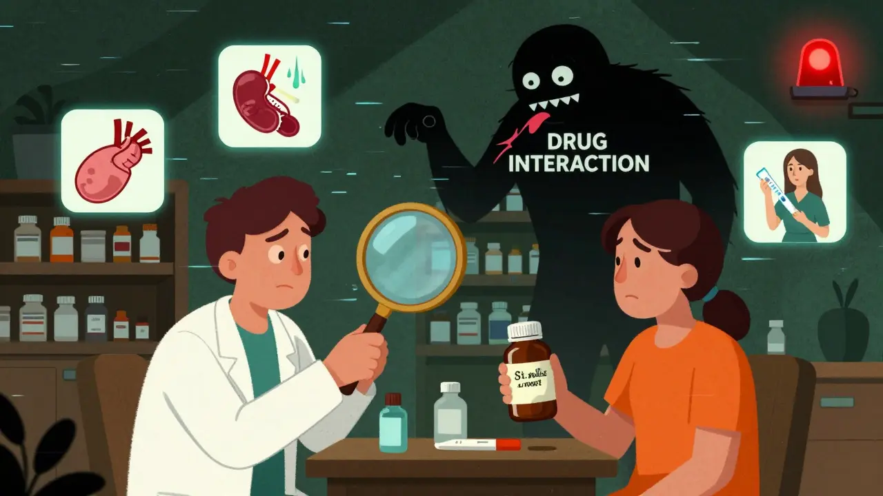 A doctor and patient facing a monster made of drug interactions swallowing prescription bottles.