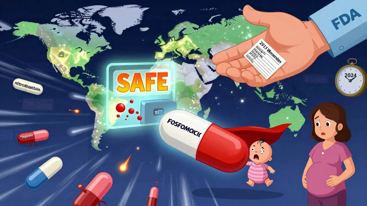 A heroic fosfomycin pill rescues a mother and baby from dangerous antibiotics, with a glowing safety test result.