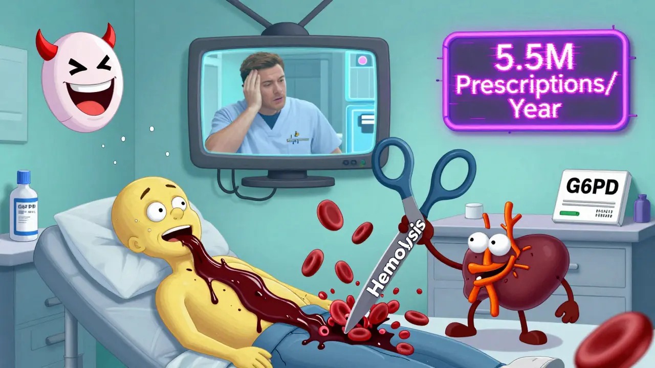 A jaundiced patient in an ER with a spleen shredding red blood cells, while a devilish pill laughs nearby.