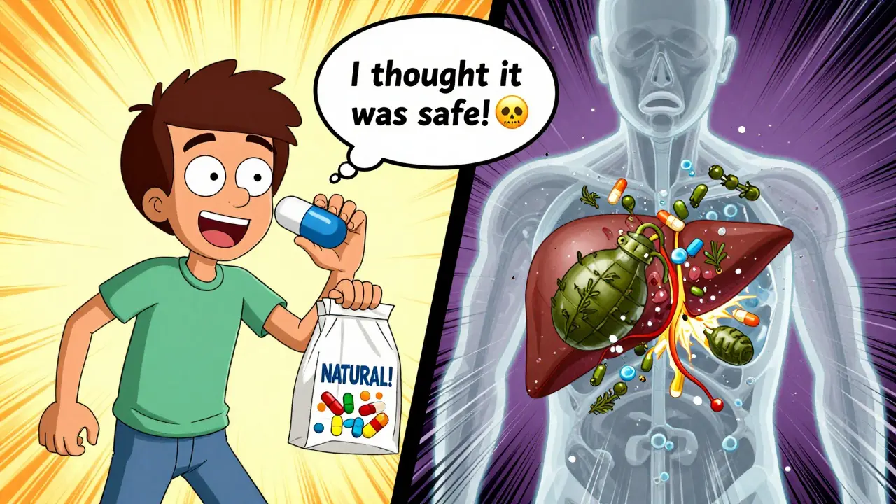 A person taking a herbal supplement while X-ray vision shows it destroying medication in their body.