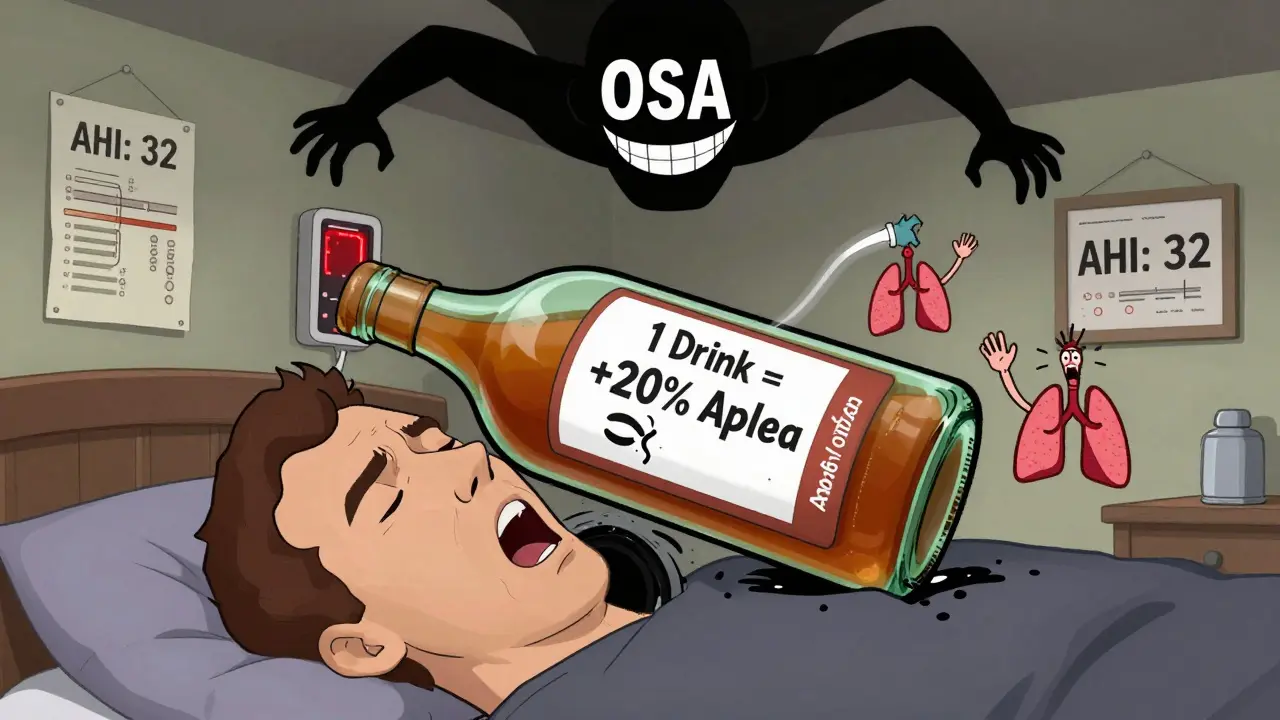 A snoring man with a blocked airway, a giant alcohol bottle crushing his throat, and flashing oxygen meters.