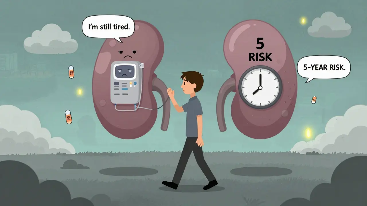 A survivor walking through a dreamlike landscape of kidney-shaped clouds, one shaped like a dialysis machine, under a faded sky.