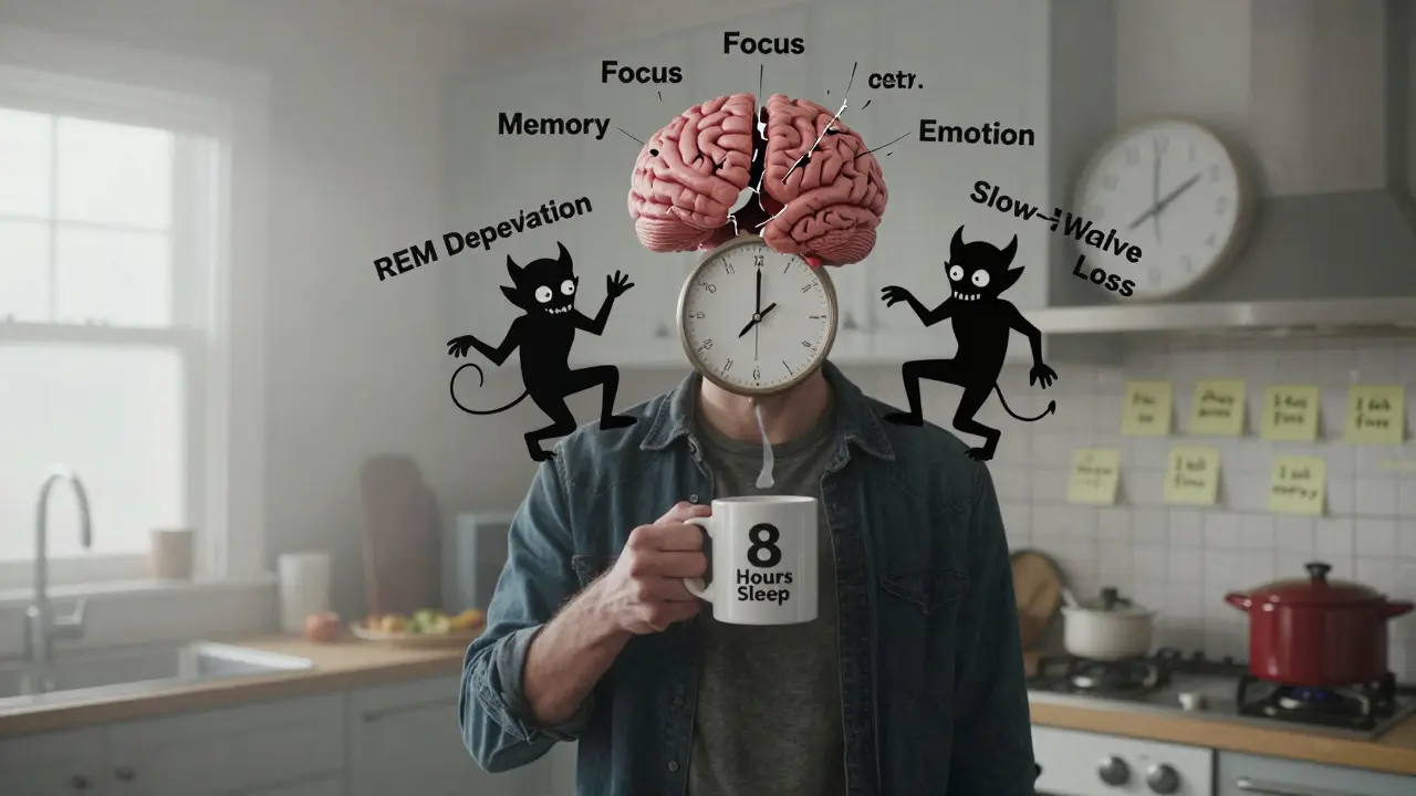 A zombie-like person stumbling through morning fog, their brain shattered with labels for lost memory and focus.