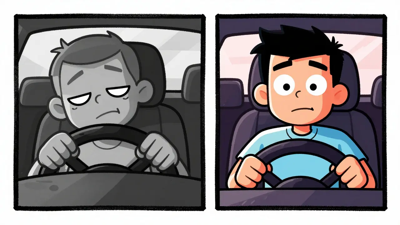 Cartoon character splitting between sleepy and alert states.