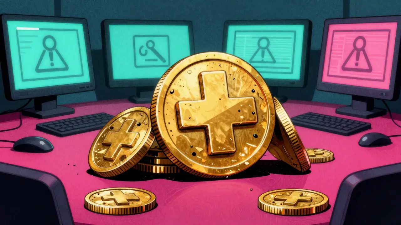 Coins crushing medical cross in corporate boardroom