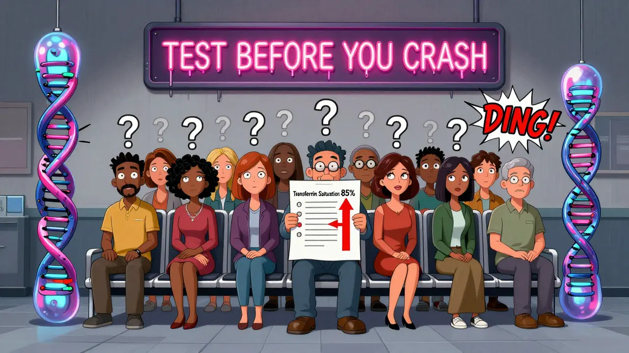 People in a waiting room with glowing blood test results and a giant HFE gene splitting in two.