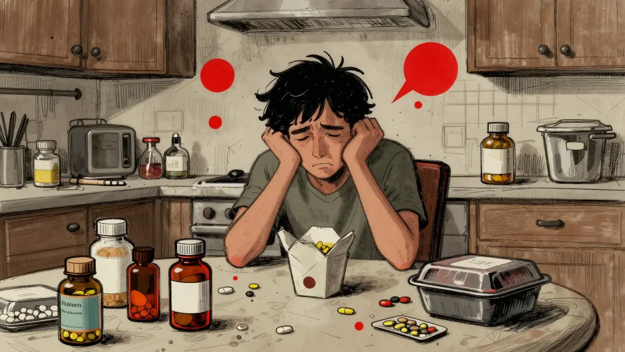 Sketchy person at messy table with pills