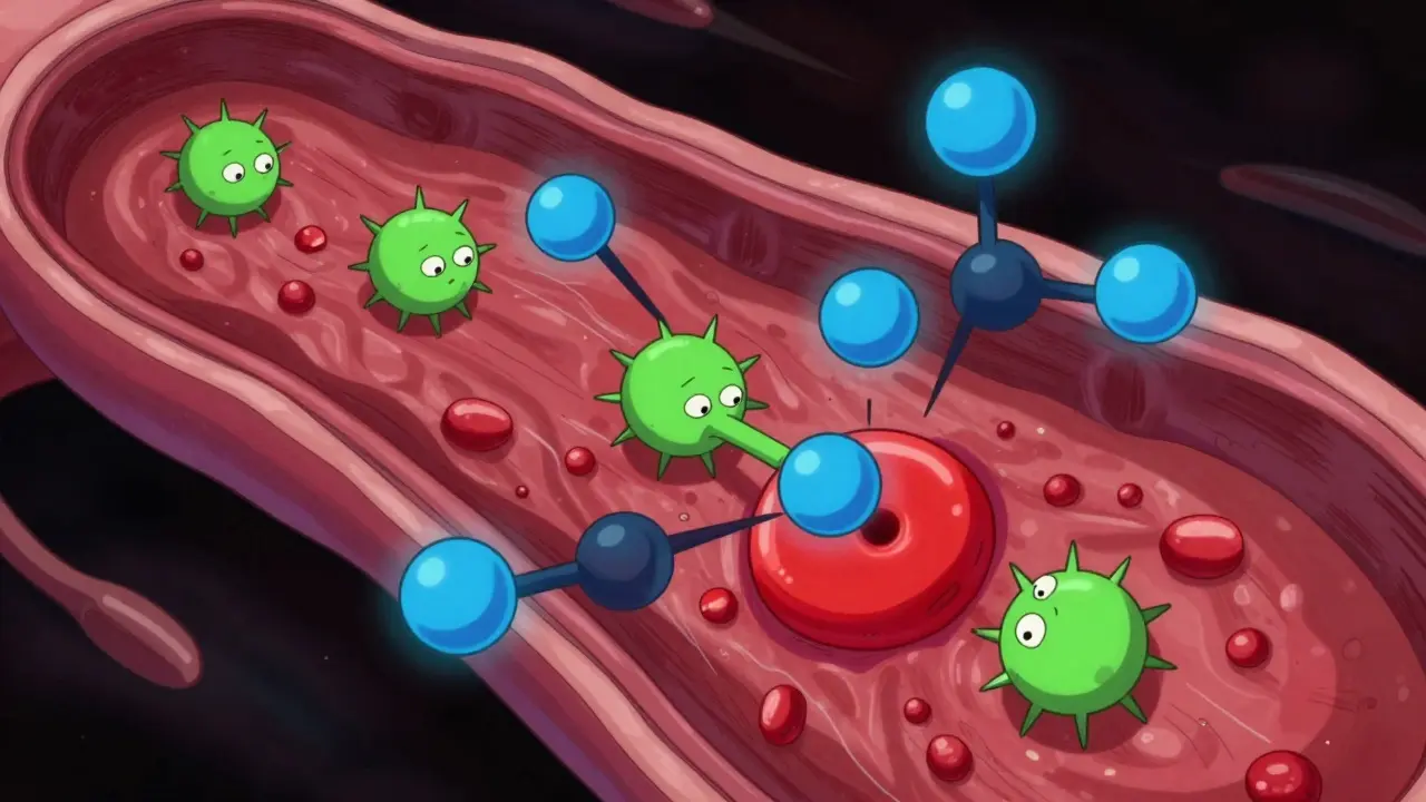 Stylized graphic of small green molecules blocked by blue shields.