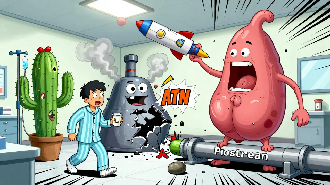 Three cartoon medical villains representing causes of acute kidney injury battling in an ER, with a patient holding an empty urine cup.