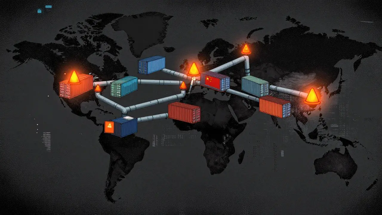World map showing glowing shipping container risks