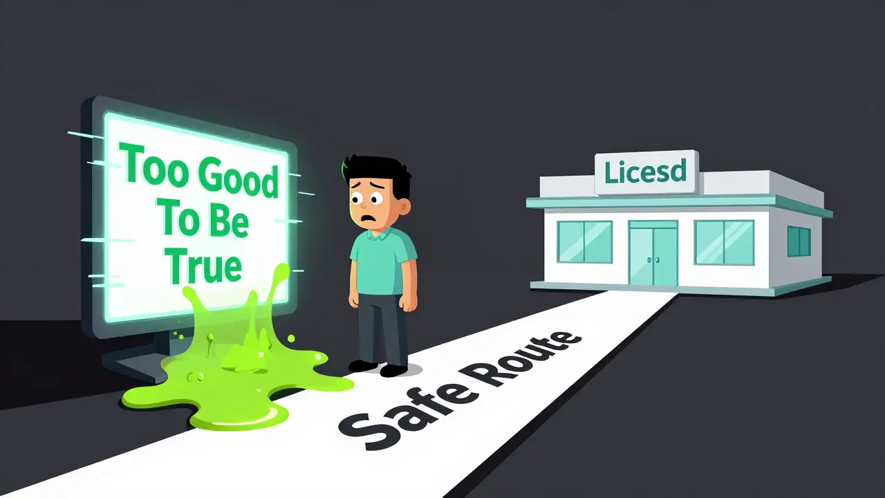 A character looking suspiciously at a glitchy computer screen representing a pharmacy scam.