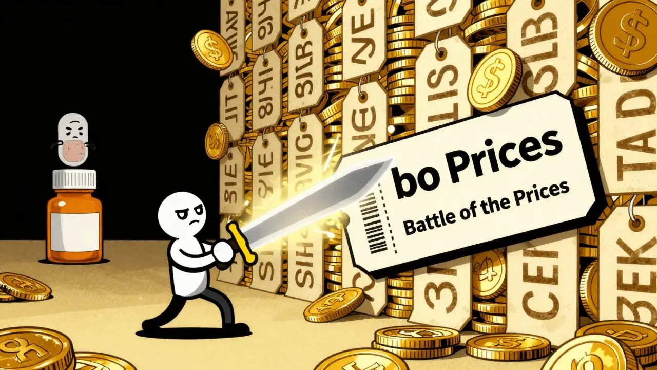 A character using a digital coupon to destroy a wall of expensive pharmacy price tags.