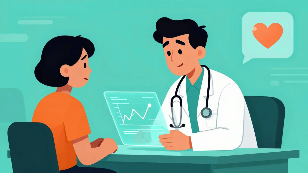 A doctor and patient in a surreal office sharing a moment of trust and medical understanding.