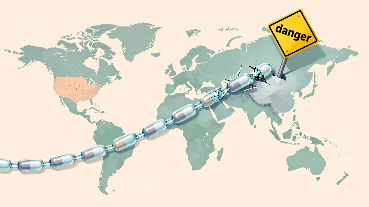 A fragile glass chain made of medicine capsules connecting different countries across a world map.