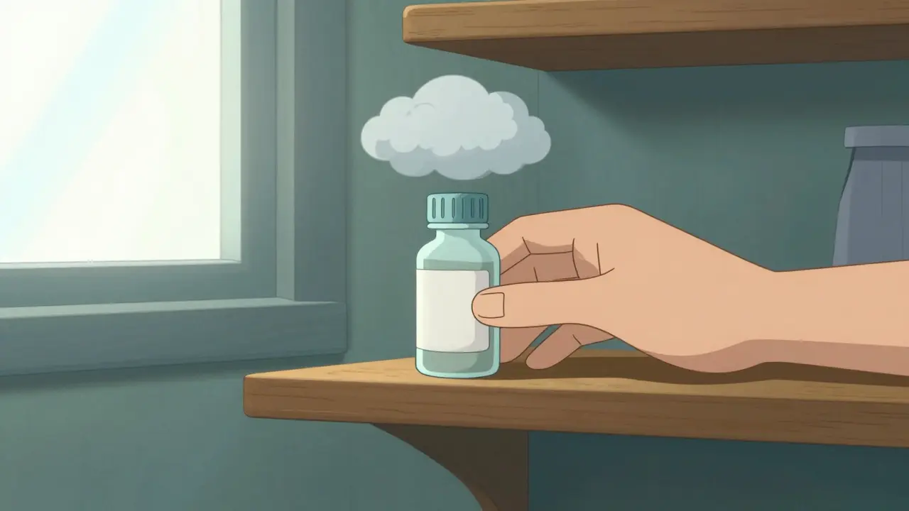 A medicine bottle being stored in a cool, dark place away from sunlight.