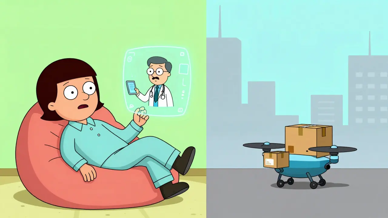 A person in pajamas having a virtual doctor visit and a delivery drone carrying medication.
