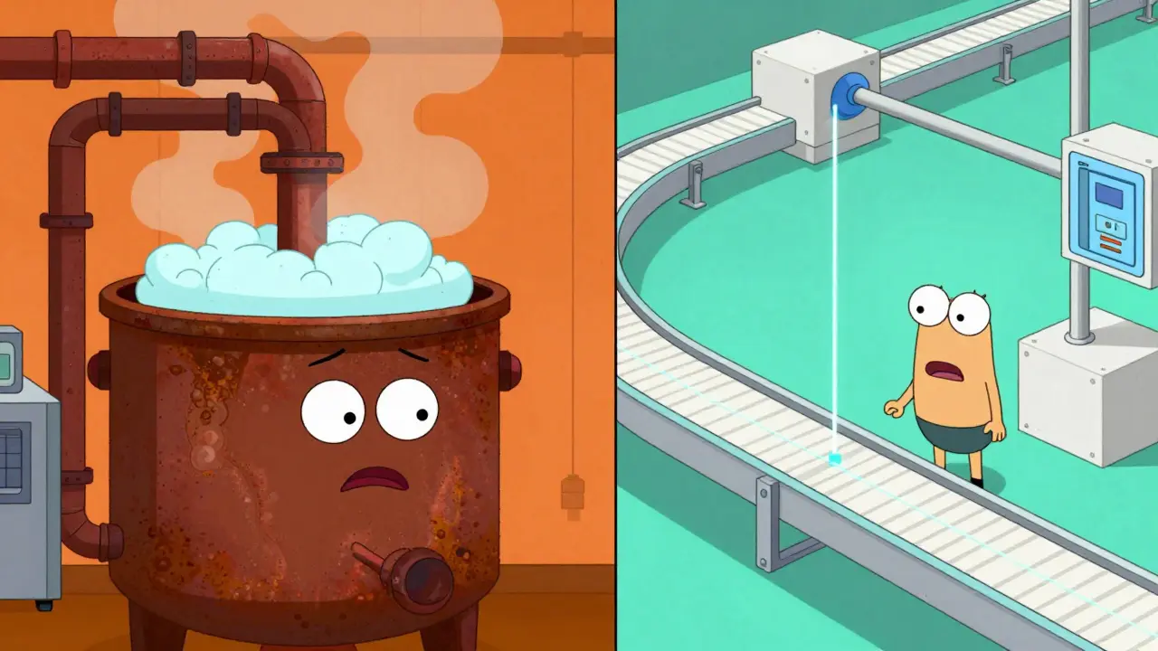 A split-screen comparison between a chaotic old chemical vat and a futuristic precise manufacturing line.