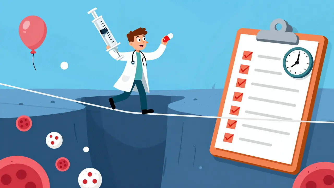 Cartoon of a doctor balancing two medications on a tightrope over blood cells.