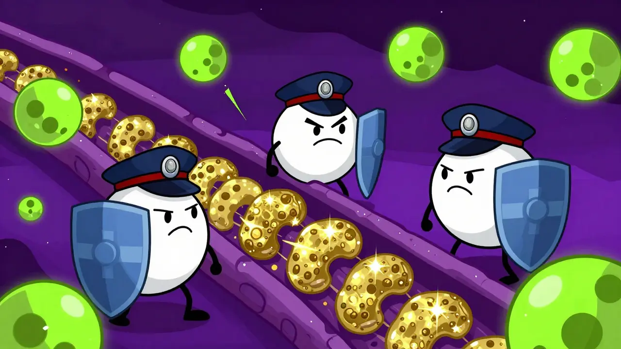 Cartoon white blood cells mistakenly attacking healthy cells due to drug triggers in a vein.