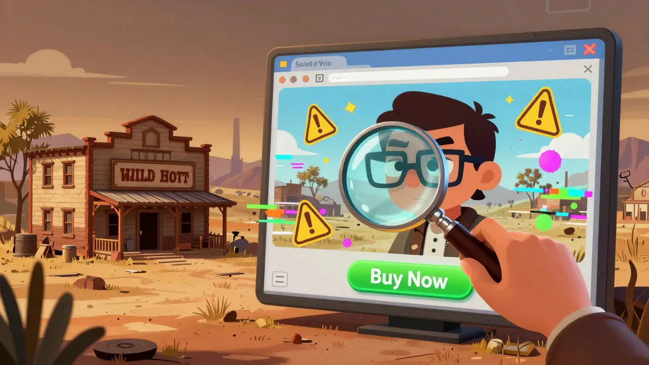 Character inspecting a sketchy online pharmacy depicted as a digital wild west town