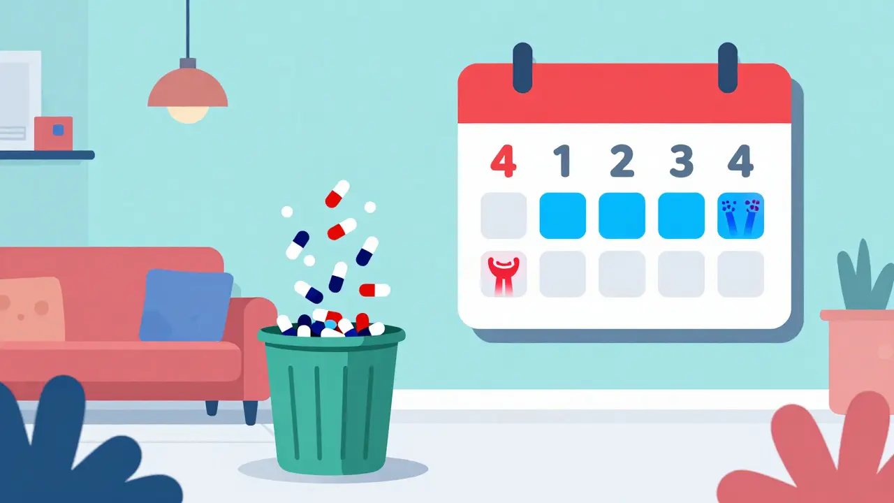 Character throwing away medication and recovering from joint inflammation in a bold illustration.