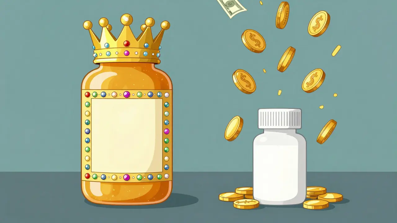 Comparison between an oversized luxury medicine bottle and a simple generic one with falling money